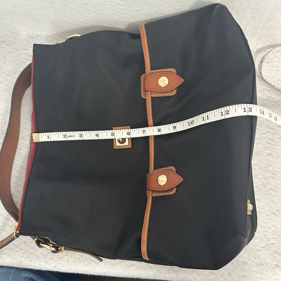 Dooney & Bourke Hobo Purse Black Nylon Cognac Leather Detail Pockets Logo Zipper - Picture 7 of 16